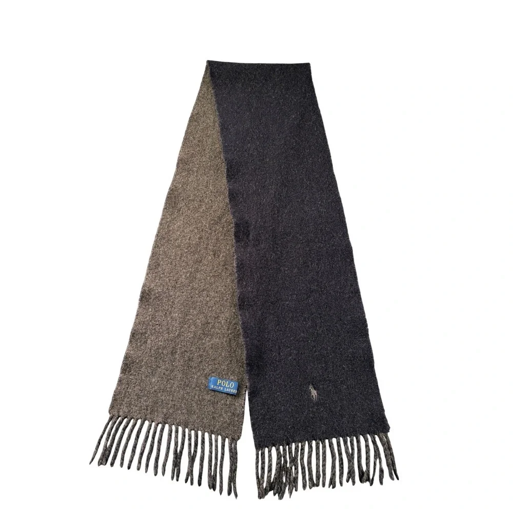 Polo Ralph Lauren Reversible Scarf Navy Blue Charcoal Grey Wool Blend Fringe